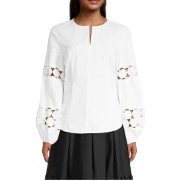 Donna Karan Eyelet Long Sleeve Blouse in White - Picture 9 of 9